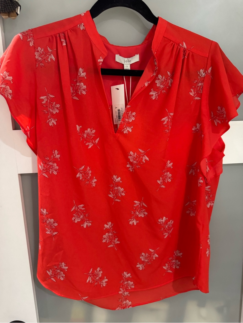 Joie Bright Coral Floral Notch-Neck Flutter Sleeve Top